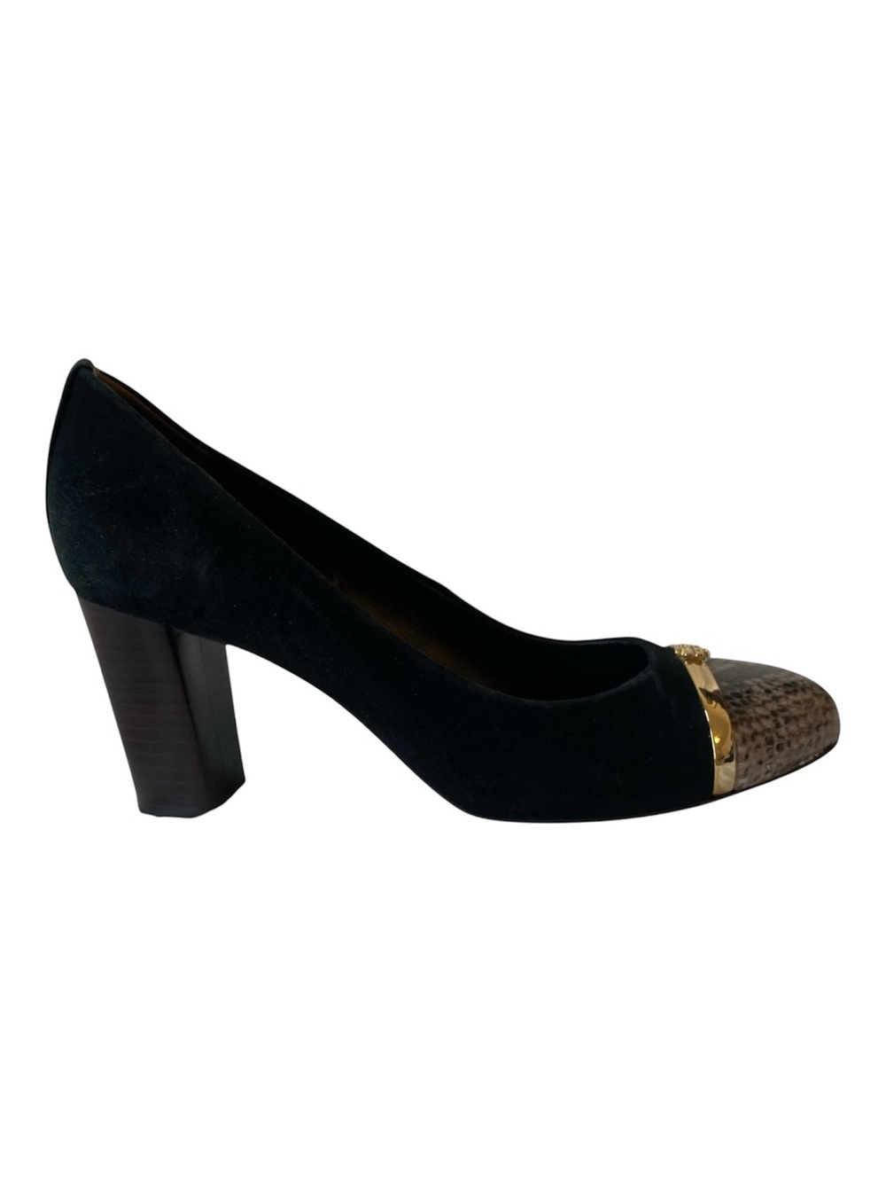 Tory Burch Pacey Black Suede Snake Cap Toe Block Heel Pumps Women’s 7 - Picture 5 of 12
